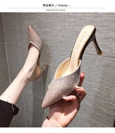 Summer Fashion Lady Glitter high Heels Slippers Mules Slip On Closed Pointed Toe Women Outdoor Bling Slides Shoes Woman Sandals X1020
