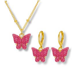 New Shiny Butterfly Necklaces Earrings Set For Women Girls Sweet Cute Pendant Necklace Elegant Choker Fashion Jewellery Gifts 6 Colours