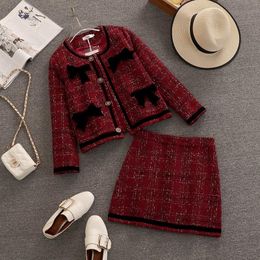 Work Dresses Hgih Quality Small Fragrance Tweed Two Piece Set Women Crop Top Short Jacket Coat + Skirt Sets Fall Winter Vintage 2 Suits