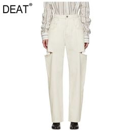 DEAT 2020 New Spring Summer Fashion Casual Loose White High Waist Button Fly Hole Jeans Style Wide Leg Pants Women LJ201030