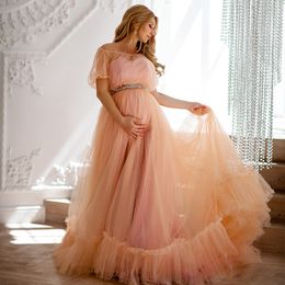 Elegant Bridal Boudoir Robe Tulle Illusion Sexy Short Sleeves Long Tiered Ruffles Custom Made Dress Robes For Photoshoot
