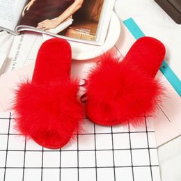 Summer Women Ostrich Feather Slippers Fluffy Faux Fur Slides Flat Home Flip Flops Fuzzy Multiple Colour Sexy Party Shoes sy423 Y201026