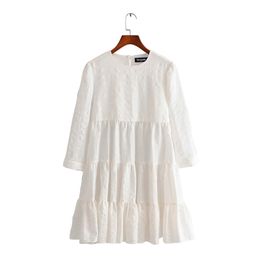 Tangada summer fashion women solid white 3D dress o neck long sleeve ladies casual loose midi dress vestidos LJ200818