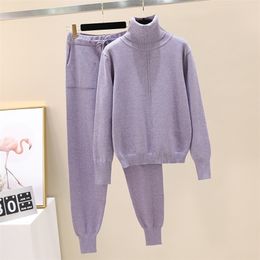 Autumn Winter Casual Women's Knitted Suit Solid Plus Size Turtleneck Pullover Sweater Knit Pants Two-Piece Set Female Outfits 220315