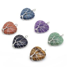 2022 new 7 Chakra Love Heart stone Wrapped Tree of life energy charms healing Crystal Reiki pendant for Necklace Jewellery making