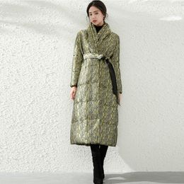 Women's Runway Down Coats V Neck Long Sleeves Dobby White Duck Down Sash Belt Long Thick winter Overcoat Outerwear