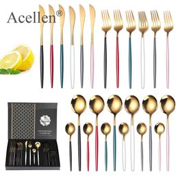 24pcs Gold Dinnerware 18/10 Stainless Steel Tableware Dishwasher Safe Cutlery Gift Box Knife Fork Spoon Flatware Set 201118