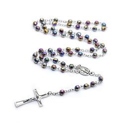 Color Crystal Rosary Neckalce Vintage Cross Long Religious Pray Necklace With Plastic Box For Men Women