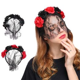 Rose Flower Lace Veil Halloween Headband Party Decoration Hair Dress Halloween Fancy Headwear Cosplay Decorations