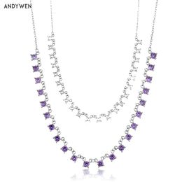 ANDYWEN 925 Sterling Silver Clear Purple Zircon Luxury Charms Chains Choker Necklace With Full Gems Crystal Zircon Wedding Party Q0531