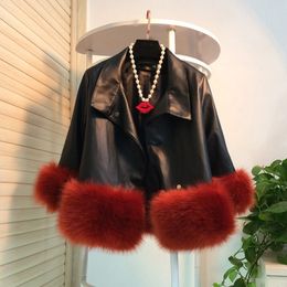 LANMREM Women PU Leather Clothing Autumn winter Loose Long Sleeve Turn-down Collar Artificial Fur short style Coat famale TA876 210201