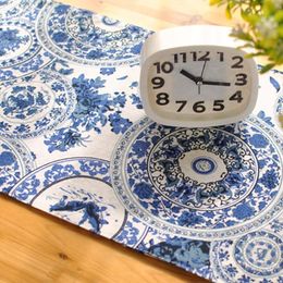 Blue Cotton & Linen Tea Table Runner Round Endless Pattern Printed Home Hotel Table Cover Dust Proof Home Textile