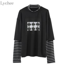 Lychee Spring Autumn Women T Shirt Character Letter Print Stripe Patchwork Casual Loose Long Sleeve T Shirt Tee Top 201125