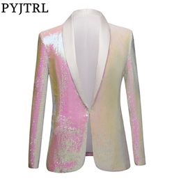 pink slim prom dresses Australia - PYJTRL Full Sequins Series Men White Pink Sequins Blazers Gentleman Prom Dress Suit Jacket Night Club Singers Slim Fit Costume LJ201223