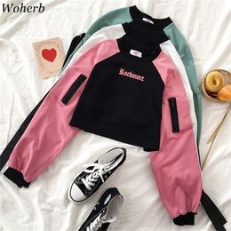 Woherb Women Contrast Hoodies Jumper Sweatshirt Female Cropped Top Vintage Harajuku Letter Hooded Loose Pullovers Streetwear 201217