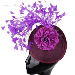 Stingy Brim Hats Fashion Purple Flower Women Fedora Cap Hair Clip Fancy Feathers Fascinators Nice Wedding Headpiece Elegant Ladies Headwear1