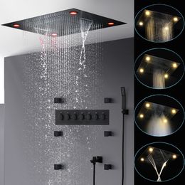 Bathroom Accessories Black Shower Set 6 Functions Rainfall Waterfall Misty Large LED Showerhead 600x800mm Thermostatic Mixer Faucets Massage Body Jets