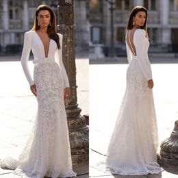 2020 Elegant Lace Mermaid Wedding Dresses Sheer Deep V Neck Long Sleeve Bridal Gowns Buttons Back Sweep Train Wedding Dress Customise