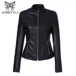 AORRYVLA Plus Size Women's Leather Jacket Mandarin Collar Zipper Black Faux Leather Jacket Slim Style Autumn Female Outwear 210201