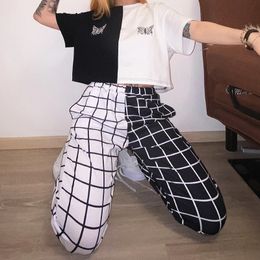 Women Patchwork Plaid Jogger Pants Contrast Color High Waist Elastic Sport Pants Female Autumn Casual Fashion Ladies Sweatpants 201119