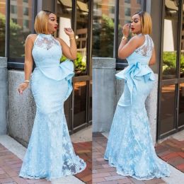 2022 Light Blue Mermaid Prom Dresses Sleeveless Lace Applique Ruffles Floor Length Evening Party Gowns Plus Size Custom Made Formal Occasion Wear