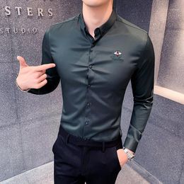 Bee Embroidery Mens Business Shirts Casual Slim Fit Long Sleeve Dress Shirt High Quality Formal Social Black White Shirt Camisa1