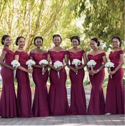 2022 African Off The Shoulder Burgundy Grape Bridesmaid Dresses Mermaid Style Appliques Lace Elastic Satin Long Maid Of Honour Dresses Robe De Soiree