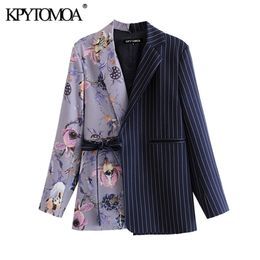 KPYTOMOA Women Fashion Office Wear Floral Print Patchwork Blazer Coat Vintage Pockets With Belt Female Outerwear Chic Tops 201201
