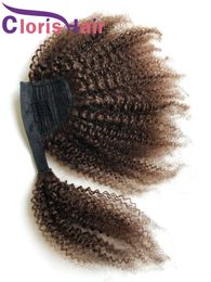 Wrap Around Ponytail Dark Brown Human Hair Afro Kinky Curly Peruvian Virgin Clip In Extensions For Black Women #4 Curly Magic Paste Ponytails