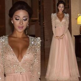 Pink Prom Dresses Sexy Deep V Neck Sparkly Sequins Long Sleeves Beaded Sash Tulle Floor Length Custom Made Evening Party Gowns Vestidos 403 403