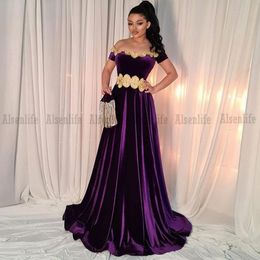 Middle East Arabic Dubai Prom Dresses Off the Shoulder Velvet Gold Applique Kosovo Albanian Caftan Evening Party Gowns