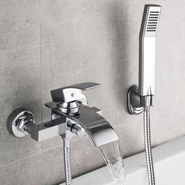 Bathtub Shower Set Wall Mounted Waterfall Bath Faucet, Bathroom Cold and Hot Mixer Taps Brass Chrome