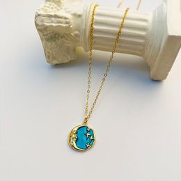 Real 925 Sterling Silver Moon Star Blue Halsband för Kvinnor Neck Kedja, Mode Hänge Halsband Fine Smycken Guldfärg Bijoux Q0531