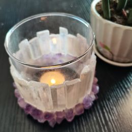 10CM Selenite Candle Holer Glass Vase With Amethyst Crystal For Home Decora Festival Gift