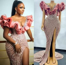 2022 Plus Size Arabic Aso Ebi Luxurious Mermaid Sequined Prom Dresses Beaded Crystals Sheer Neck Evening Formal Party Second Reception Gowns Vestidos De Novia CG001