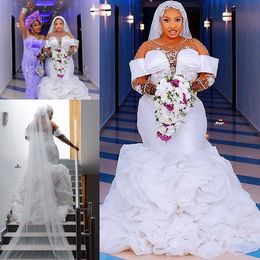 Long Sleeves Mermaid Wedding Dresses 2022 Lace Crystal Ruffles Skirt African Nigerian Trumpet Plus Size Brdial Gowns