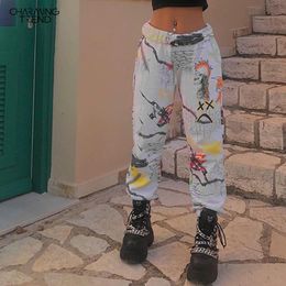 Hip-hop Bf Tie-dye Woman Pant Graffiti Elastic Waist Long Female Sweatpant Streetwear Painted Loose High Waist Women Pant Capris 201031