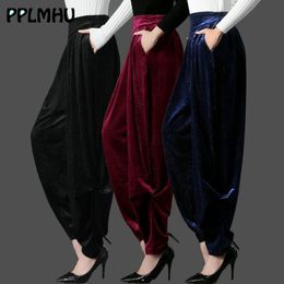 Mom Loose Harem Pants Casual Plus Size Velvet Trousers Middle Aged Women Fashion High Waist Wide Leg Pants Spring New Sweatpants 201106