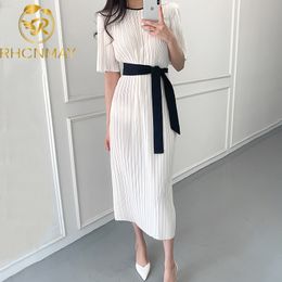 Korean Chic Women Dress Office Ladies Casual Pleated Short Sleeve Dresses Bandage Lacing Bow OL Vestidos Femme Elegante LJ200810