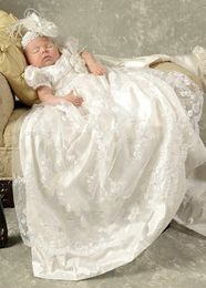 Princess White Lace Baby Christening Dresses Kids Baptism Gowns Short Sleeves Vintage Baby Girls And Boys Christening Gowns 0-2T