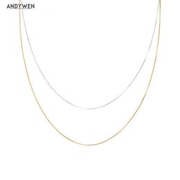 Andywen 925 Sterling Silver Gold Long Box Chain Choker Necklace 2022 Women Wedding Thin Small Luxury Jewelry Crystal