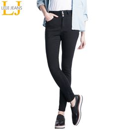 LEIJIJEANS High Waist button fly Full Length Plus Size black for Stretch Skinny Pencil Women Jeans 201106