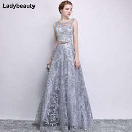 New Evening Dress Elegant Banquet Champagne Lace Sleeveless Floor-length Long Party Formal Gown plus size Robe De Soiree 201113