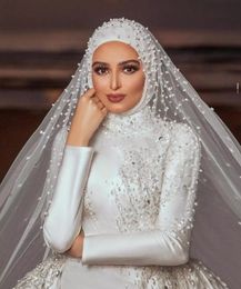 Muslim Pearls Mermaid Wedding Gowns With Detachable Train Beaded High Neck Long Sleeve Bridal Dresses Arabic Aso Ebi Women Satin V205U