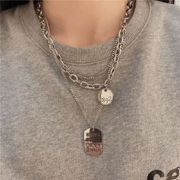 New High-Quality Titanium Steel Multi-Layered Wear Round Brand Square Necklace Cold Wind Hip-Hop Tide Brand Sweater Chain Q0531