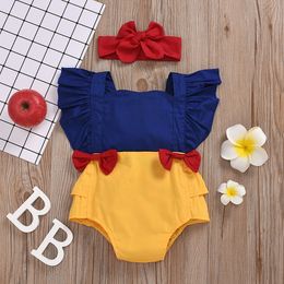 Pudcoco Newborn Baby Girl Clothes Summer Solid Colour Patchwork Sleeveless Ruffle Bowknot Romper Jumpsuit Headband 2Pcs Outfits 201027