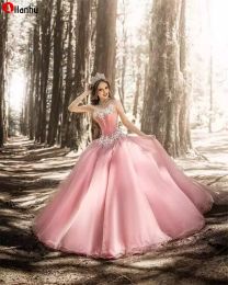 NY! Vestidos de 15 años rosa prinsessa quinceanera klänningar kristall beaded sweetheart 16 klänning abiti da cerimonia prom klänningar