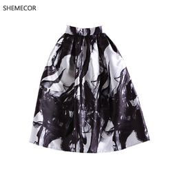 SHEMECOR 2019 Autumn Winter 1950s Hepburn Retro Vintage Style Black Ink Flower Floral Print High Waist Pleated Swing Midi Skirt T200113