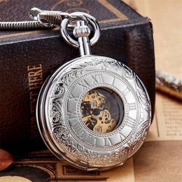 Luxury Sliver Colour Mechanical Pocket Watch Men Women Clock Skeleton Gear Dial Gold Antique Flip Case Copper FOB Chain Watches T200502