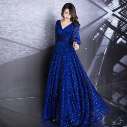 Blue A-Line Long Evening Dresses Deep Silver Star V-Neck Long Sleeve Elegant Formal Dresses Robe Soire LJ201120